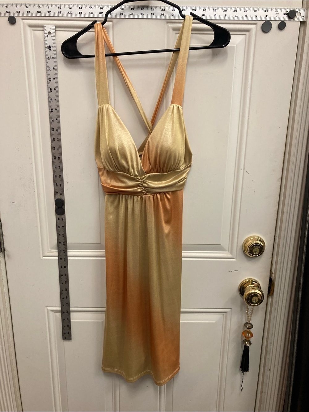Satin V-Neck Midi Dress in Gold and Peach - Pre-loved